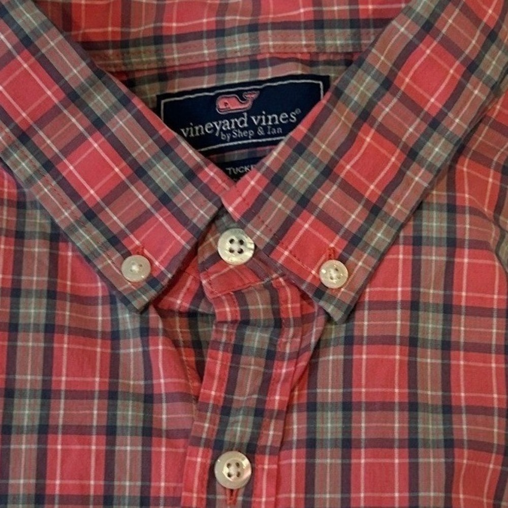 Vineyard Vines Slim Fit Tucker Shirt Large Red Blue Plaid Long Sleeve Button